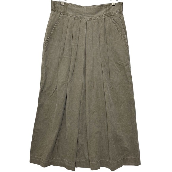 Vintage Ruff Hewn Skirt Women 12 Olive Green Khaki Midi Pleated USA Goblincore - Picture 1 of 9